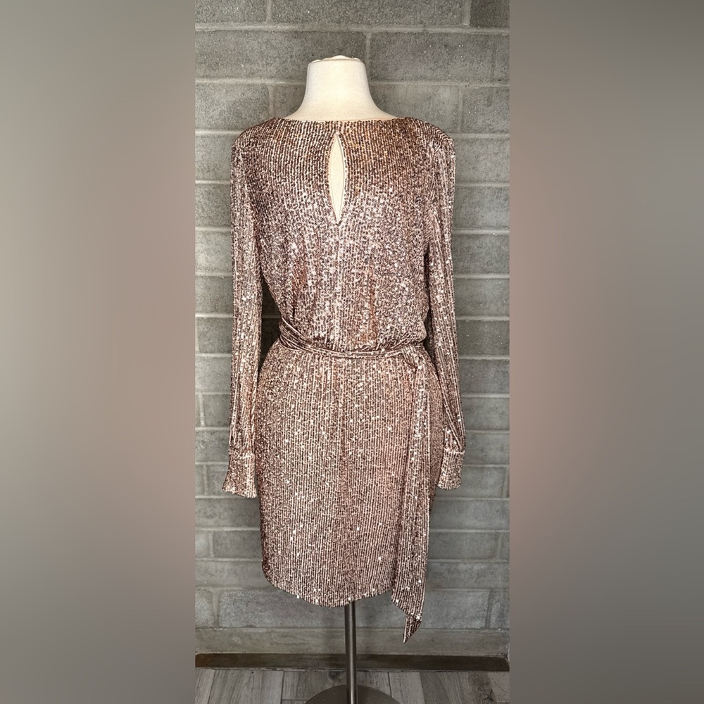 Eliza J Rose Gold Sequin Cocktail Dress Long Sleeve Belted Party Evening Size 10